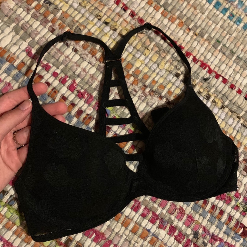 VS Pink Black Floral Lace Push Up Bra
